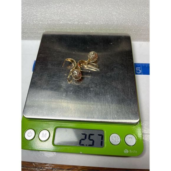 14KT Yellow Google Diamond Etch Dangle Ball Lever Back Earrings 1” Long - Picture 6 of 8